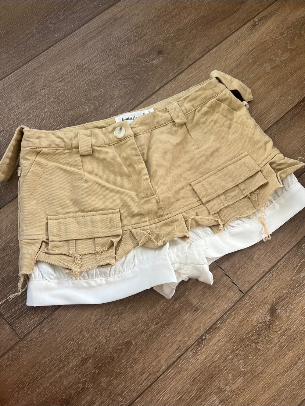 Beige Layered Utility Mini Shorts w Bloomers